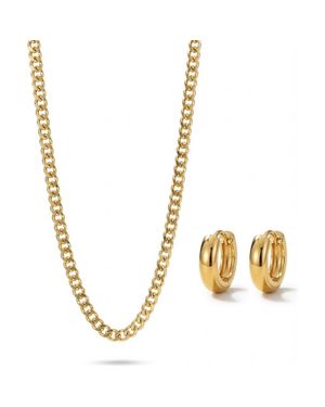 Joey Baby Cuban Link Chain 18K Plated Necklace And Huggie Earring Set - Metallic