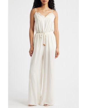 KITTENISH Wide Leg Lace & Satin Jumpsuit - White