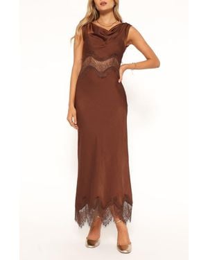 Petal & Pup Belmont Lace Trim Satin Midi Dress - Brown