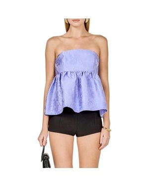 Endless Rose Floral Satin Jacquard Strapless Top - Blue
