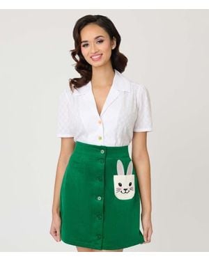 Unique Vintage 1940S Short Sleeve Collared Button Down Woven Blouse - Green