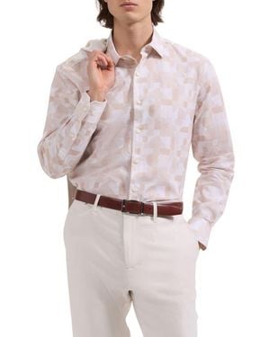 Bugatchi Julian Shaped Fit Abstract Geometric Print Cotton & Linen Button-Up Shirt - White
