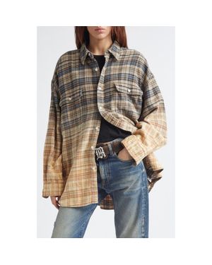 R13 Dip Dye Plaid Button-Up Boyfriend Shirt - Gray