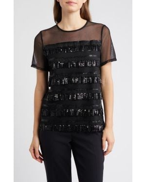 Anne Klein Sequin Fringe Illusion Top - Black