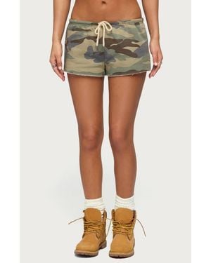 Edikted Camo Print Raw Hem Drawstring Shorts - Green
