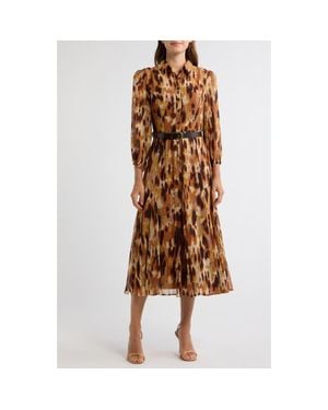 Tahari Print Belted Long Sleeve Maxi Shirtdress - Brown