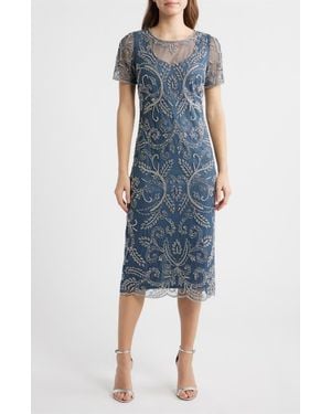 Pisarro Nights Embellished Illusion Neck Cocktail Dress - Blue