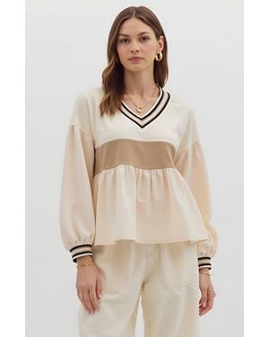 Modenaire Colorblock V-Neck Top With Peplum Hem - Natural