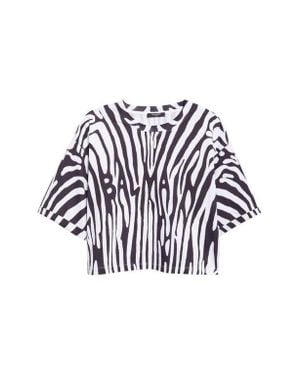 Balmain Logo Zebra Print Crop T-Shirt - White