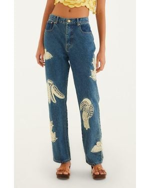 FARM Rio Birds Lace Appliqué Jeans - Blue