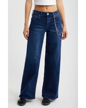 YMI Joey Baggy Wide Leg Jeans With Chain Accent - Blue