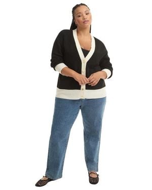 June + Vie Contrast V-Neck Cardigan - Blue
