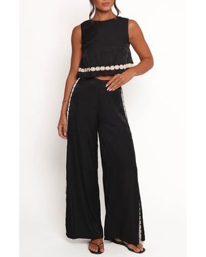 Petal & Pup Margarete Embroidered Detail Crop Top & Wide Leg Pants Set - Black