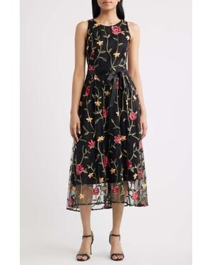 Tahari Floral Embroidered Sleeveless Midi Dress - Black