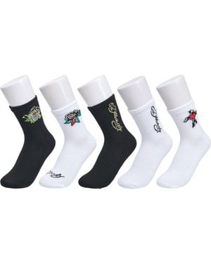 Ed Hardy Flower Heart Print Half Cushion Mid Crew Sock 5-Pack - Blue