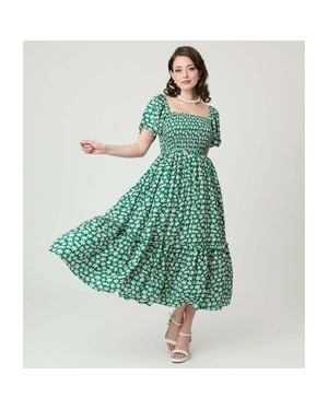 Unique Vintage Smocked Bodice Midi Dress - Green