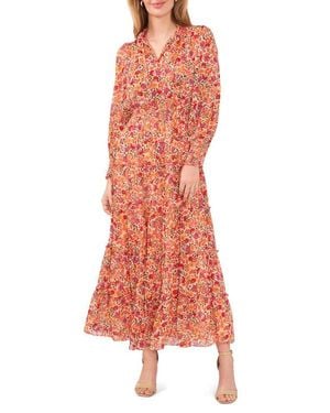 Chaus Floral Smocked Waist Long Sleeve Tiered Midi Dress