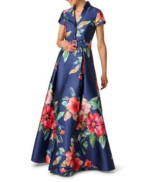 Adrianna Papell V-neck Floral Ball Gown - Blue