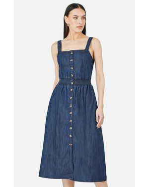 Yumi' Chambray Cotton Ruched Midi Sun Dress - Blue