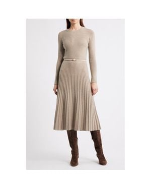 Tahari The Kellie Belted Long Sleeve Cashmere Midi Sweater Dress - Natural