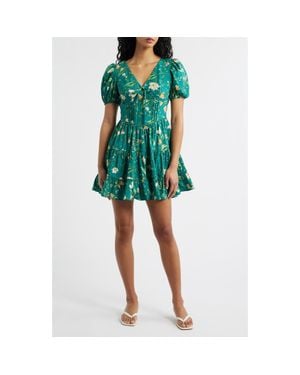 Moon River Floral Pintuck Puff Sleeve Cotton Fit & Flare Sundress - Green