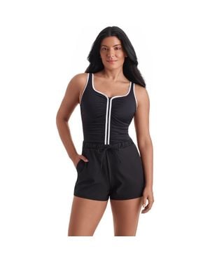 ShapeSolver Sport Shirred Zipper Runaround Chlorine Resistant One-Piece Swimsuit - Black