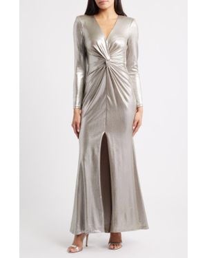 Eliza J Metallic Twist Waist Long Sleeve Gown - Gray