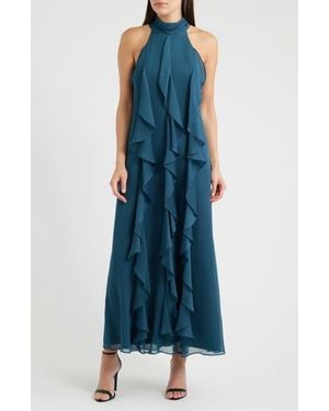 Eliza J Cascade Ruffle Halter Gown - Blue