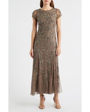 Pisarro Nights Beaded Mesh Midi Cocktail Dress - Brown