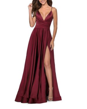 La Femme Long Satin Dress With Side Slit And V Shaped Back in Green | Lyst