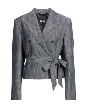BOSS Jelsia Belted Sharkskin Twill Double Breasted Crop Blazer - Gray