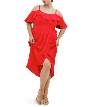 City Chic Flirtation Ruffle Off The Shoulder Cocktail Dress - Red