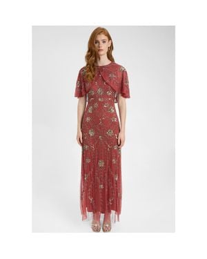 Beauut Embellished Sequin Beaded Maxi Dress With Round Neckline With Cape-Style Short Sleeves - Red