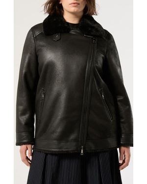 Marina Rinaldi Faux Fur Trim Faux Leather Moto Jacket - Black