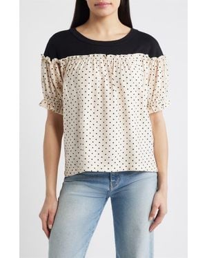 Loveappella Contrast Yoke Puff Sleeve Top - Multicolor