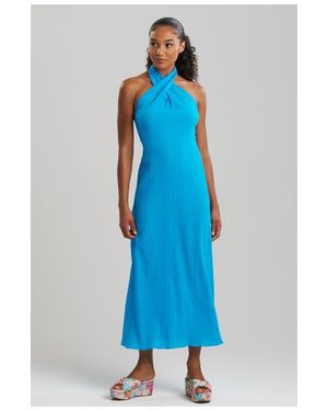 Natori Cotton Gauze Maxi Cover-Up Halter Dress - Blue