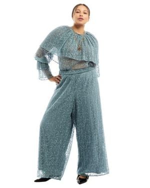 June + Vie Ruffled Lace Cape Blouse - Blue