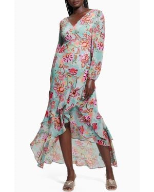 Guess Sheila Print Ruffle Long Sleeve High-Low Maxi Dress - White