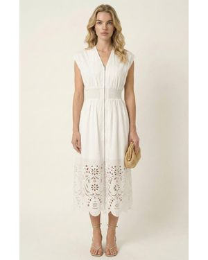 Modenaire Cap Sleeve Smocked Front Zip Midi Dress - Natural