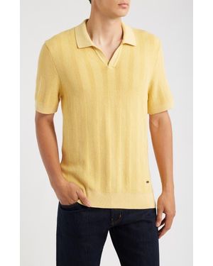 Bugatchi Johnny Collar Basket Stitch Cotton Blend Short Sleeve Sweater - Yellow