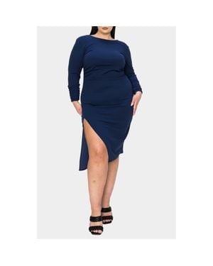 L I V D Bianca Open Back Side Slit Long Sleeve Stretch Dress - Blue