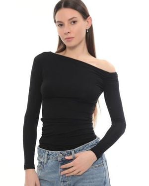 Monlicia Lune Asymmetric Off-Shoulder Long Sleeve Stretch Top - Black