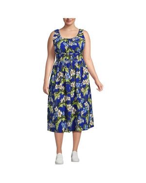 Lands' End Plus Size Creaseless Scoop Neck Smocked Midi Dress - Blue