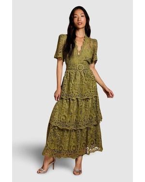 Coast Short Sleeve Tiered Lace Midi Dress - Green