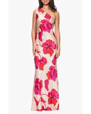 Xscape Evenings Sash One-Shoulder Satin Gown - Red