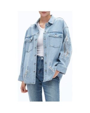 Bayeas Floral Embroidered Denim Shirt Jacket - Blue