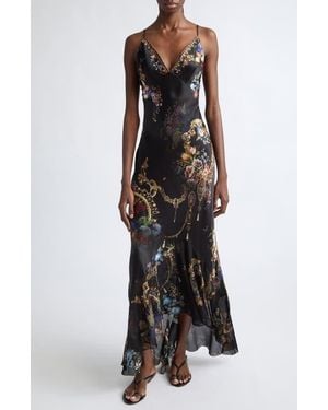CAMILLA V-Neck Flounce Hem Slip Dress - Black