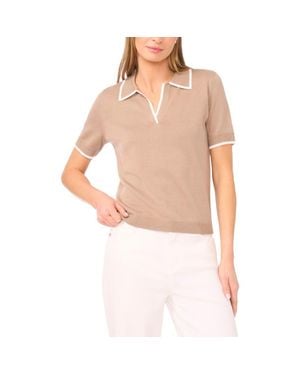 Halogen® Tipped Johnny Collar Short Sleeve Sweater - Natural