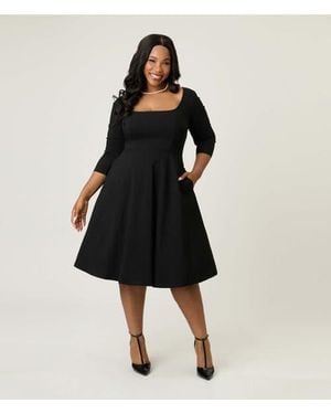 Unique Vintage Plus Size Square Neck Pleated Swing Dress - Black