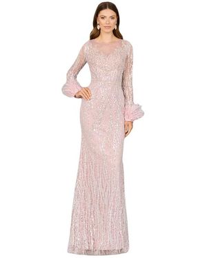 LARA New York Long Sleeve Sheath Gown With Feathers - Pink